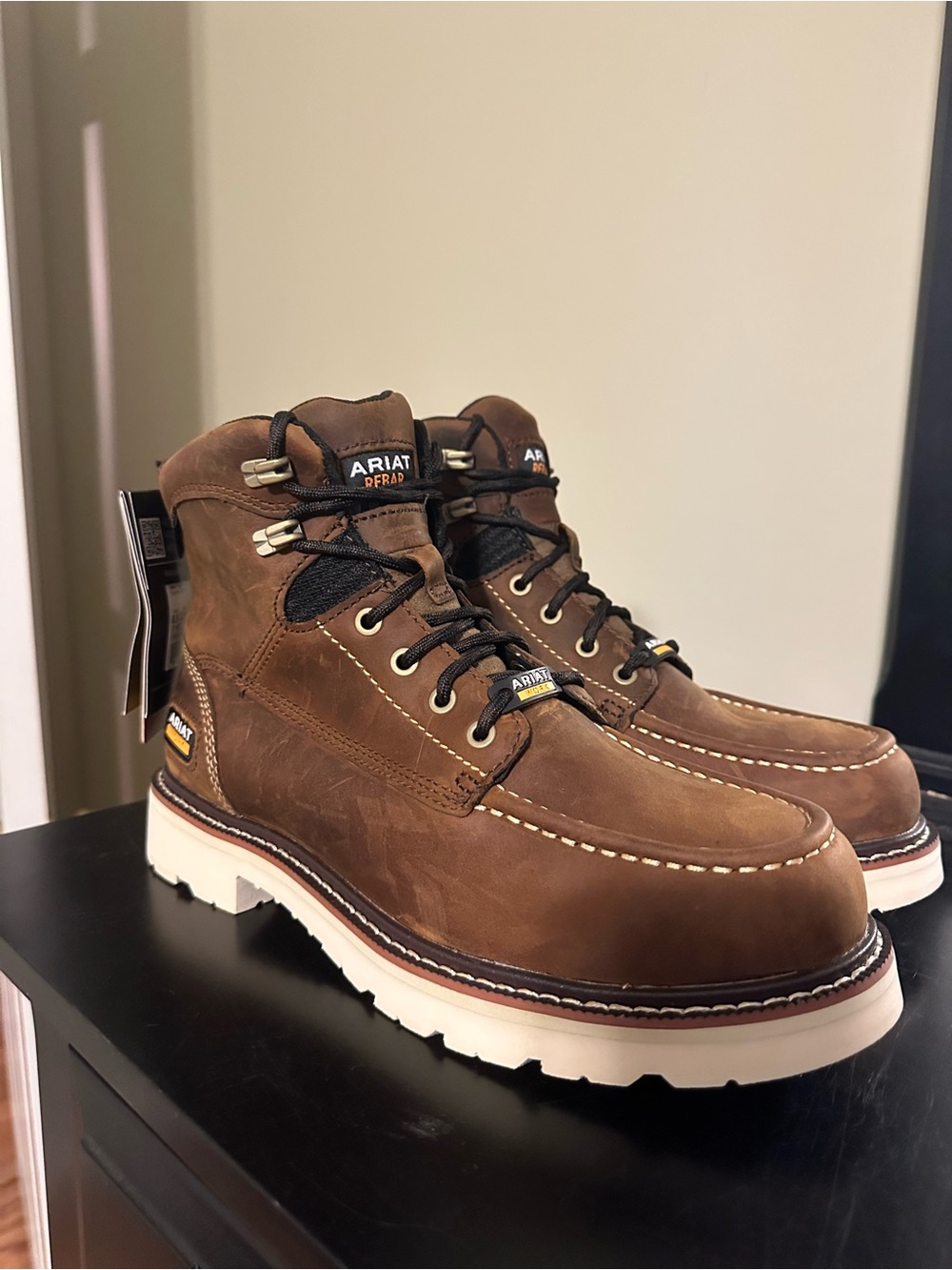 Ariat Brown Leather Moc Toe Work Boots with White Outsole